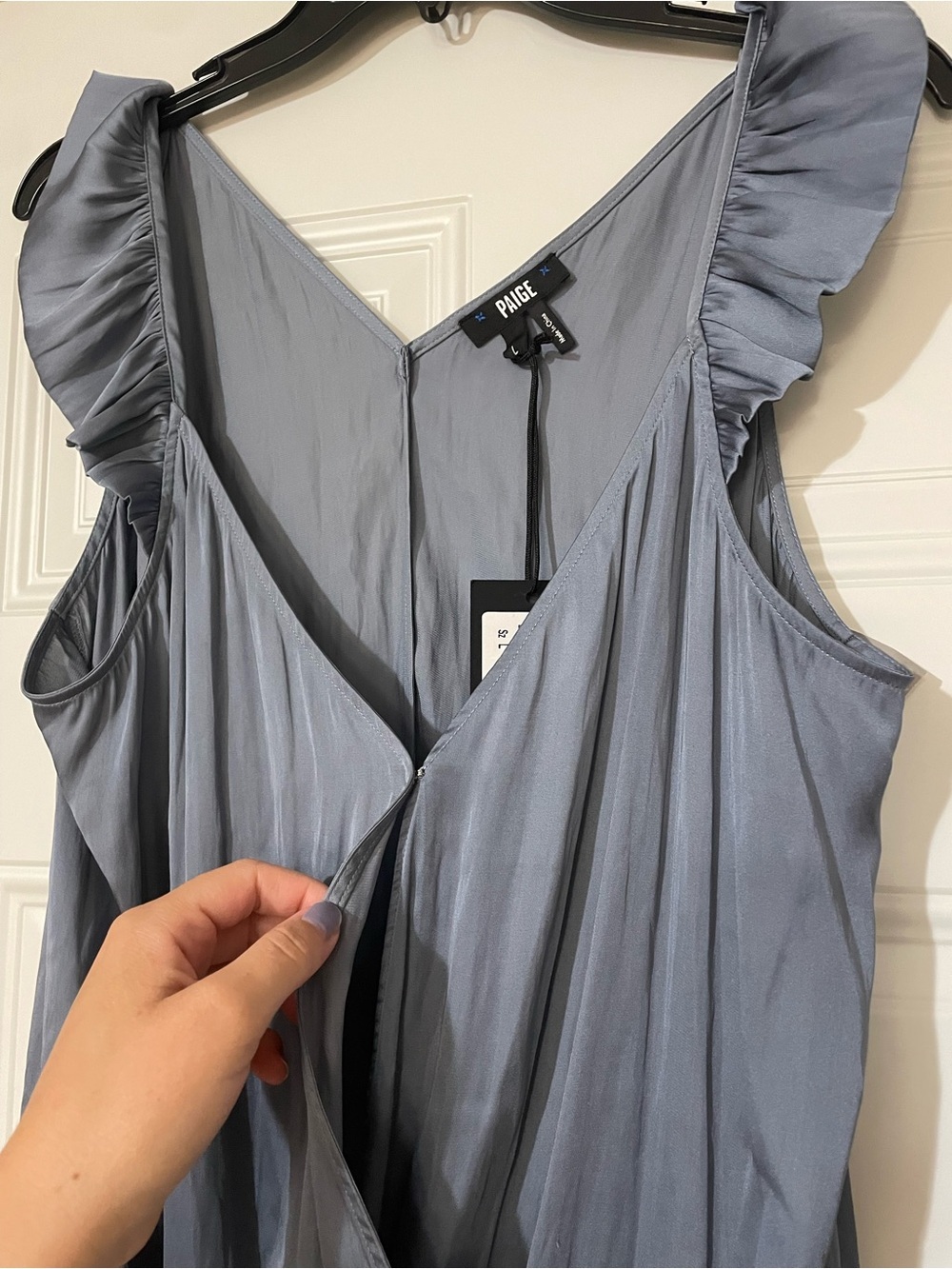 PAIGE Lunah Bodysuit V-back Ruffled Cap Sleeve Blue Large Old Money Quiet Luxury - Picture 6 of 10